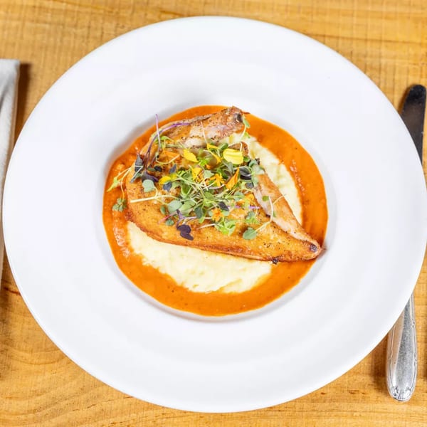 Pan-seared fish fillet on a bed of mashed potatoes with red sauce and microgreens.